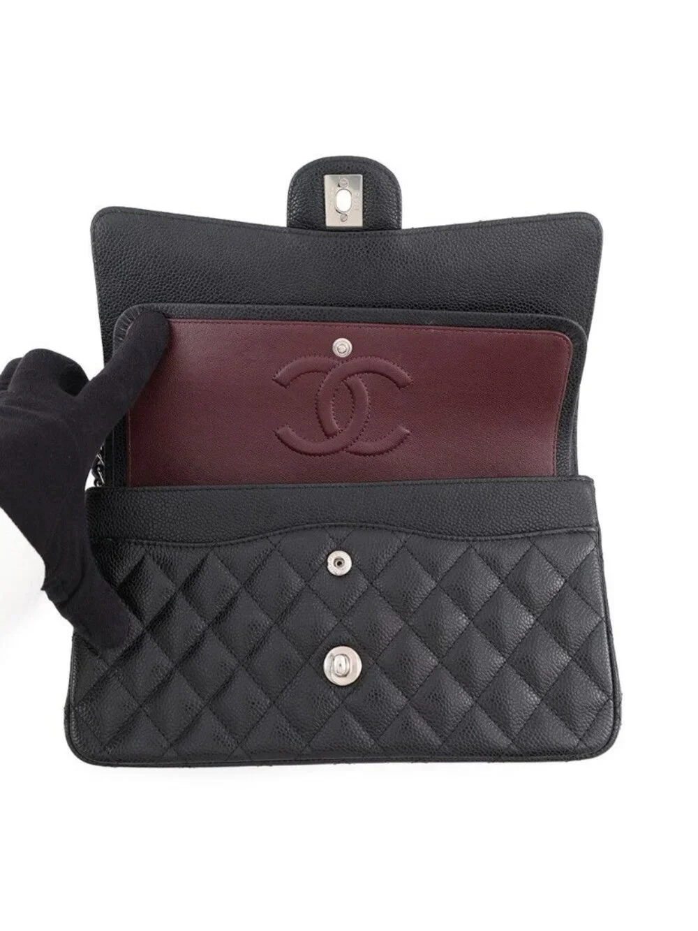 Chanel Chain Shoulder Bag Quilted 25 CC Logo Double Caviar Leather Black